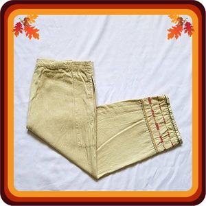 Beige Embroidered Linen Blend Drawstring Capris